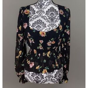 Forever 21  Shirt Women M Black Flowers Long Sleeve